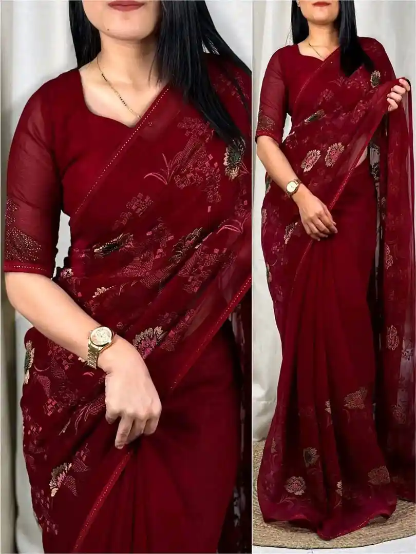 Chiffon Saree With Embroidery & Swarovski Work