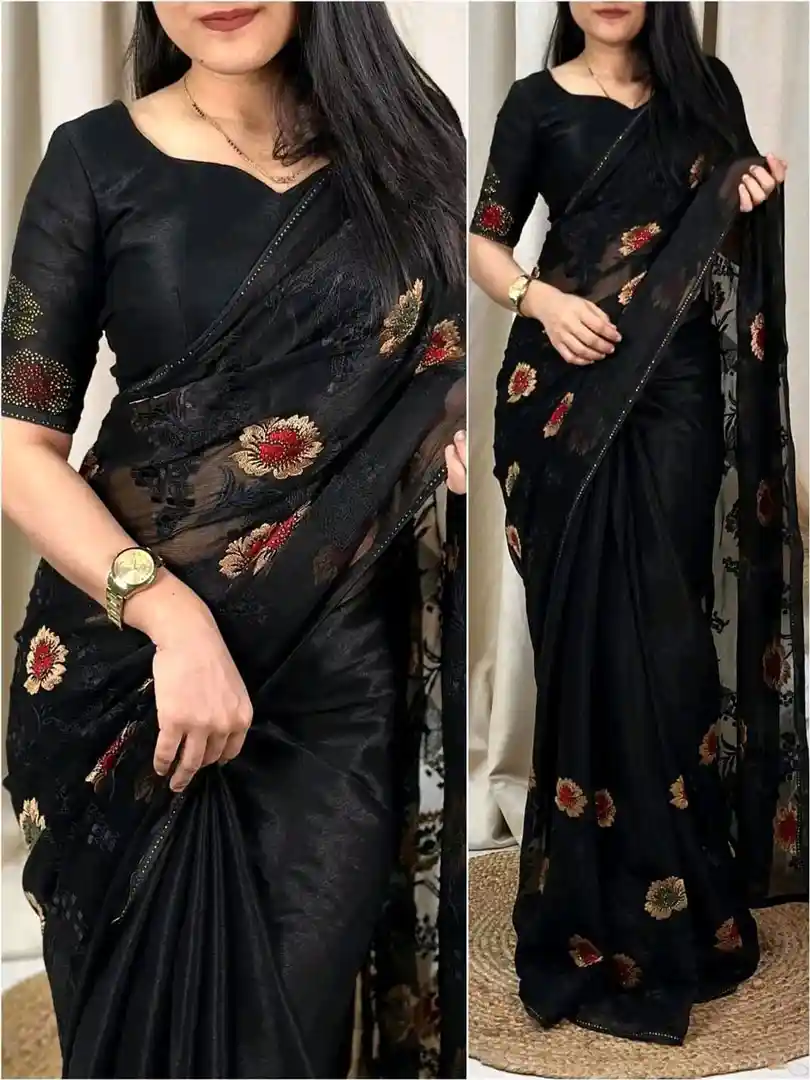 Chiffon Saree With Embroidery & Swarovski Work - Image 2