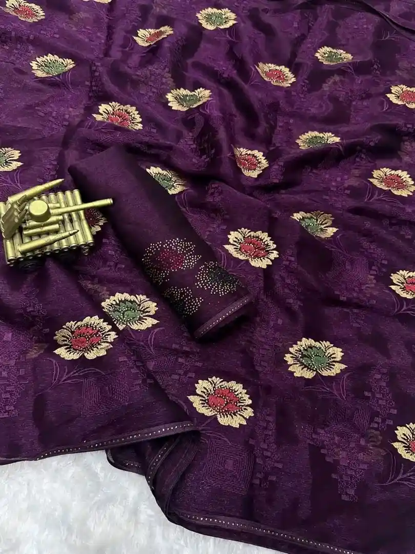 Chiffon Saree With Embroidery & Swarovski Work - Image 4