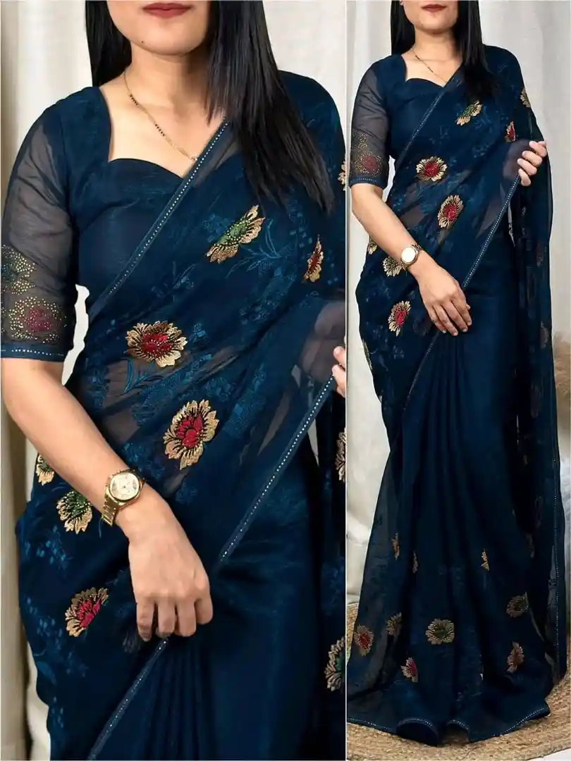 Chiffon Saree With Embroidery & Swarovski Work - Image 3