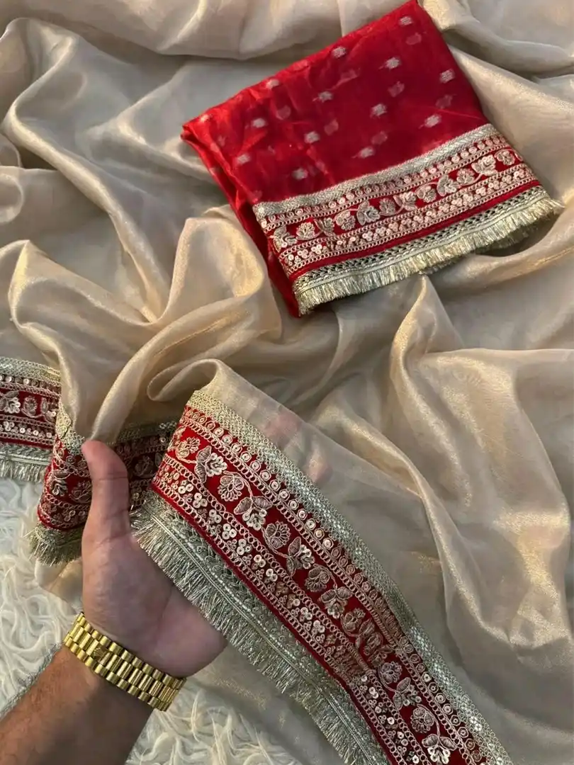 Beautiful soft Banarasi tissue sarees with Sabyasachi borders - Image 4
